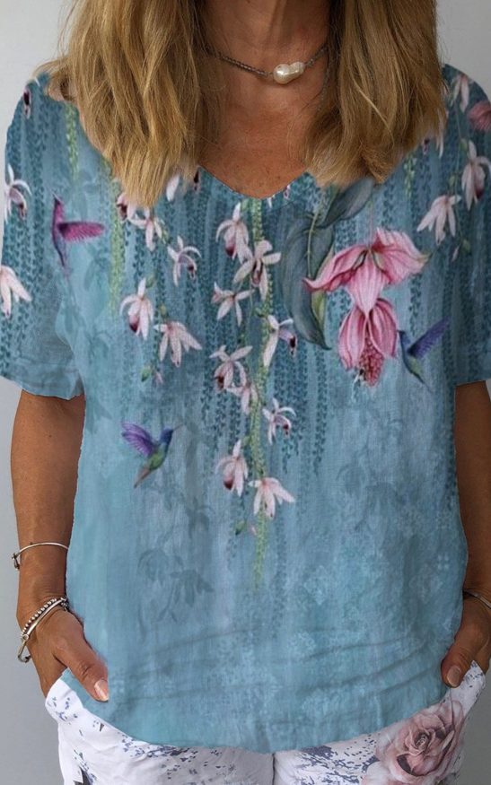 Women's Trailing Orchid Print Cotton Linen T-Shirt