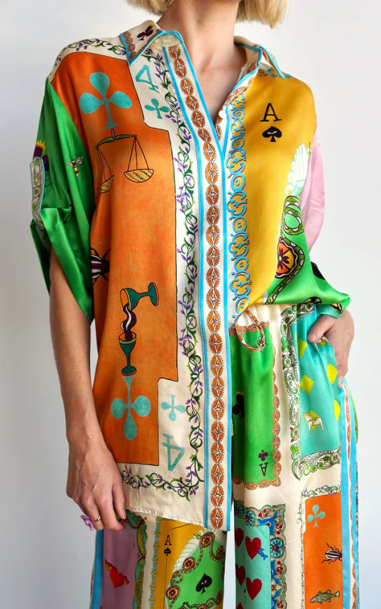 Funny Poker Summer Satin Unique Print Button Down Oversized Blouse