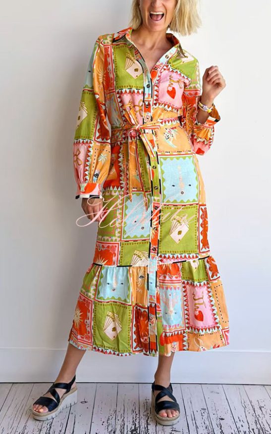 Linen Blend Unique Printed Long Sleeve Lapel Tie-waist Midi Dress
