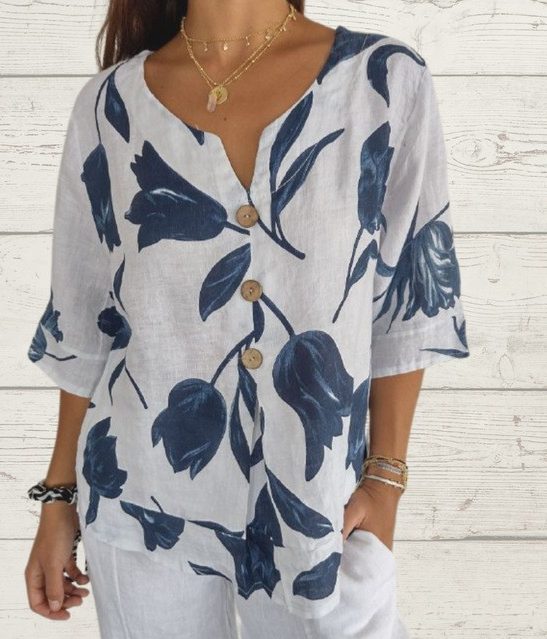 Printed Linen-Cotton V-Neck Short-Sleeve Pull-On Shirt