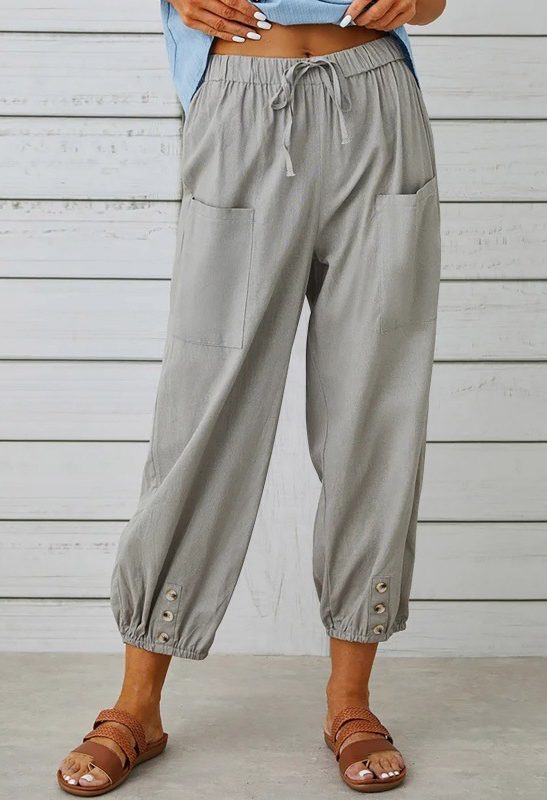 Solid Color Casual With Pocket Buttons Cotton Linen Trousers