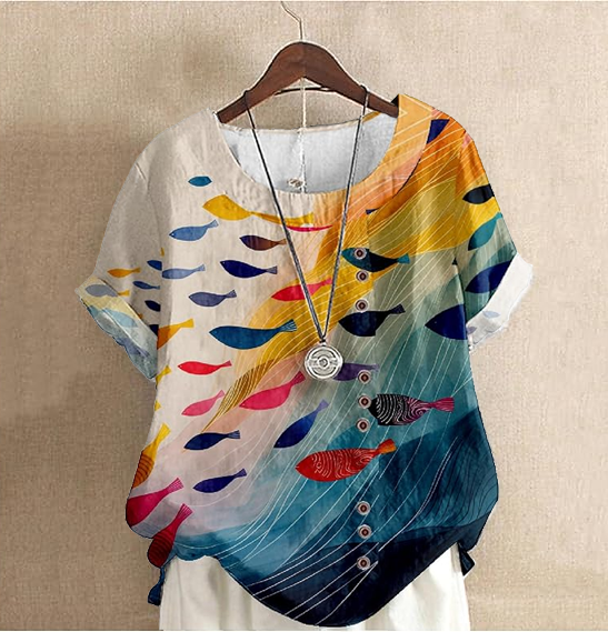 Women's Art Fish Pattern Cotton And Linen Short Sleeve Top