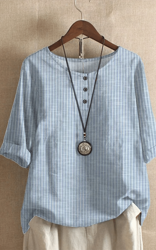 Women's Round Neck Loose Striped Button Top