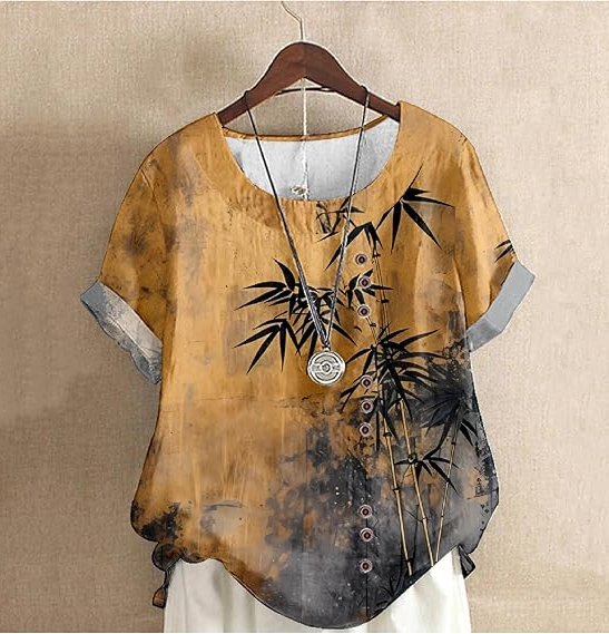 Women's Elegant Bamboo Pattern Cotton And Linen Short Sleeve Top