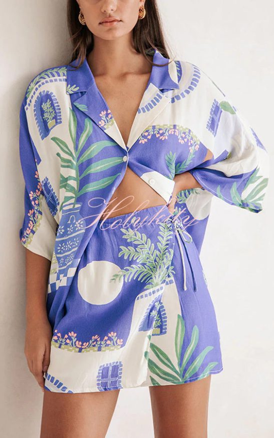 Balmy Summer Nights Unique Print Loose Shirt and Elastic Waist Wrap Lace-up Skirt Set