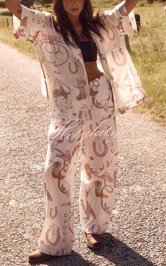 Linen Blend Unique Printed Short-sleeved Shirt and Elastic Waisted Baggy Pants Set