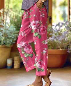 Women's Floral Print Loose-Fit Casual Pants with Pockets